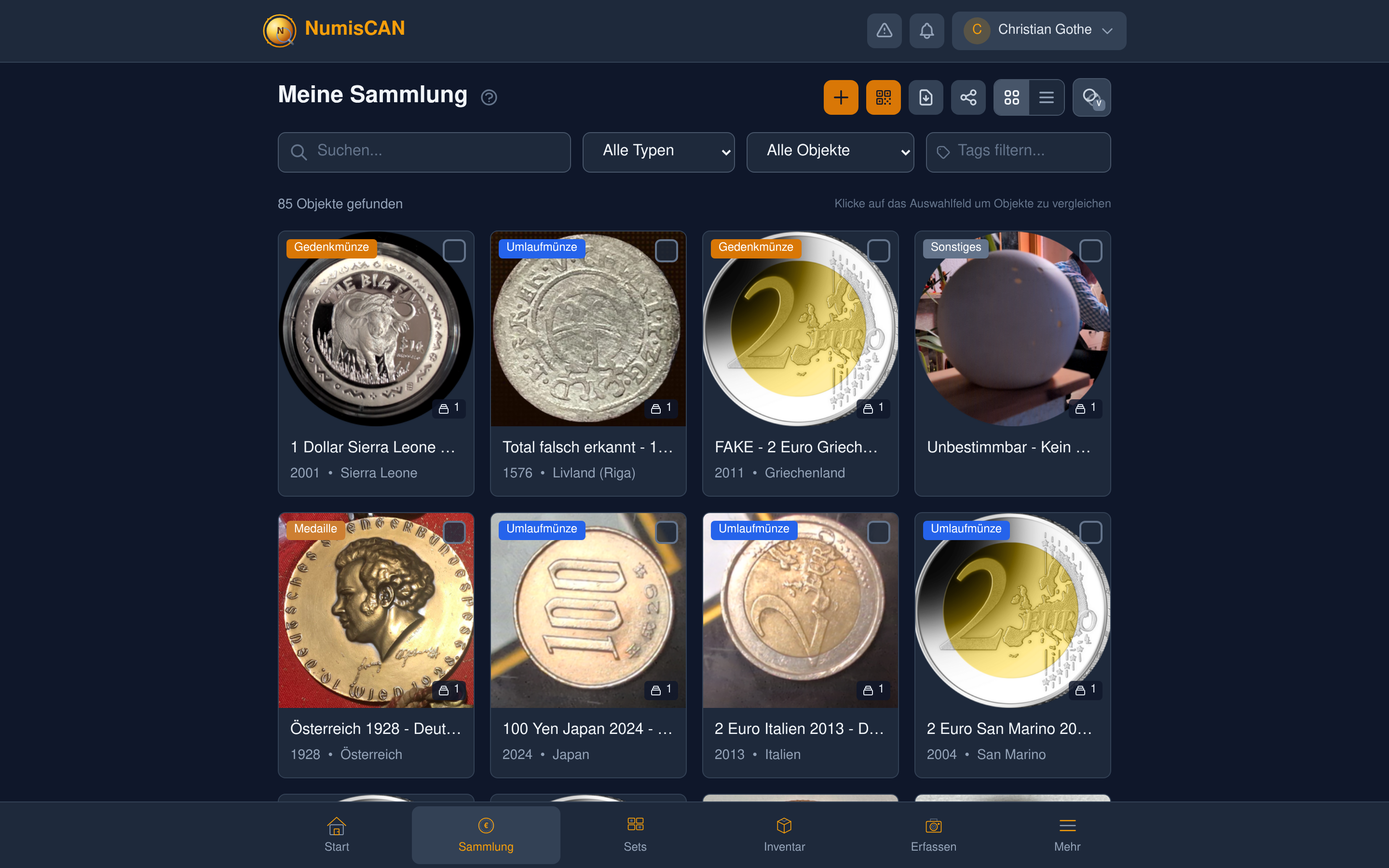 NumisCAN Dashboard - Sammlungsübersicht mit Wertberechnung, 92 Objekte, 23 Länder