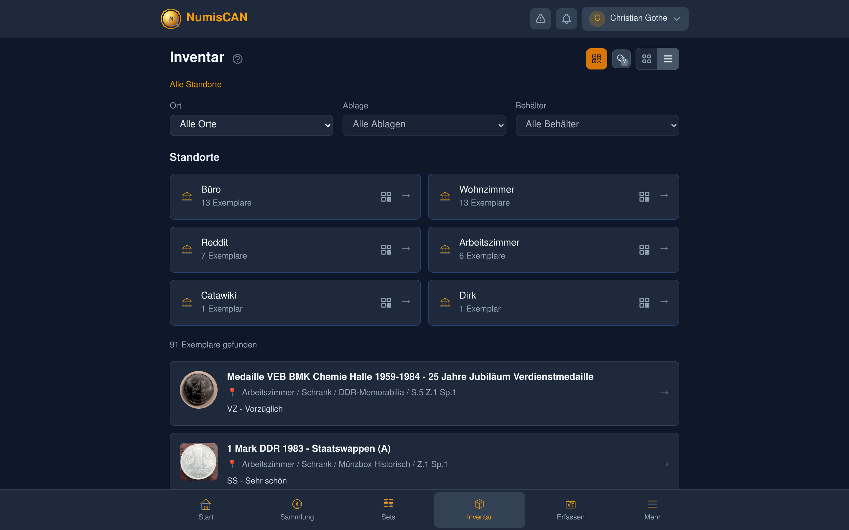 NumisCAN Inventar - Lagerorte, Standorte, Übersicht